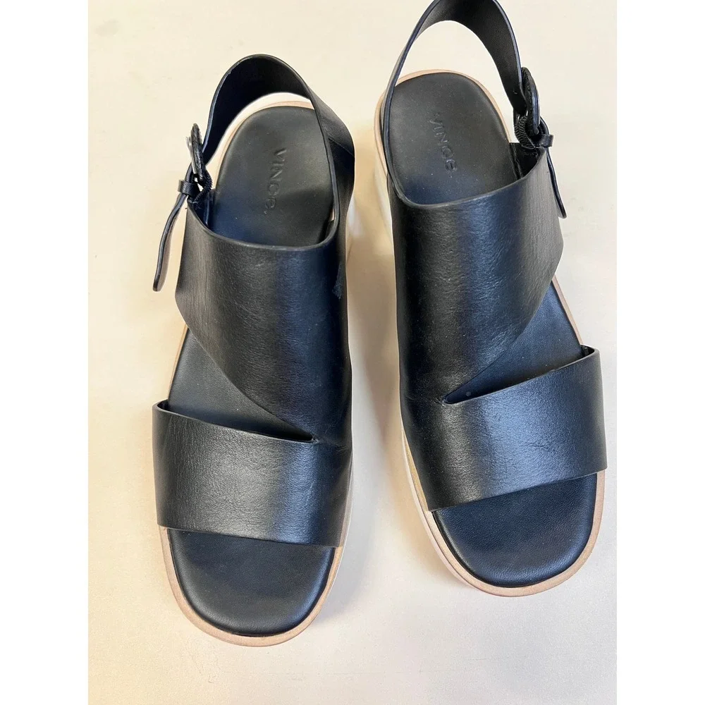 Vince Platform Wedge Sandals Womens SZ 8 Black Excellent Leather Slingback E48